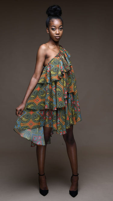 SERENITY Camille One Shoulder Tiered Paisley Chiffon Hi-Low Dress